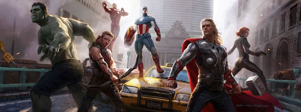 A group of six superhero figures stands in a city scene reminiscent of a family fun center. The characters are posed around a yellow taxi, striking dynamic stances as if ready for action. With buildings and a slightly cloudy sky overhead, it's like they're defending the very streets of Spare Time Texas.