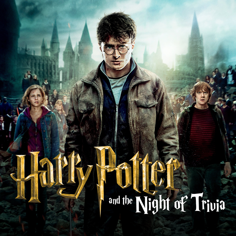 A stylized image reminiscent of a movie poster features three characters dressed in worn clothing, standing before a castle. The title "Harry Potter and the Night of Trivia" glows in gold lettering at the bottom, evoking an evening at Spare Time Texas for family fun.